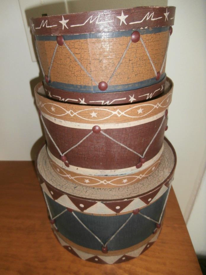 Country Primitive Shabby Nesting Stacking Round Boxes Drums Hand Painted Woody