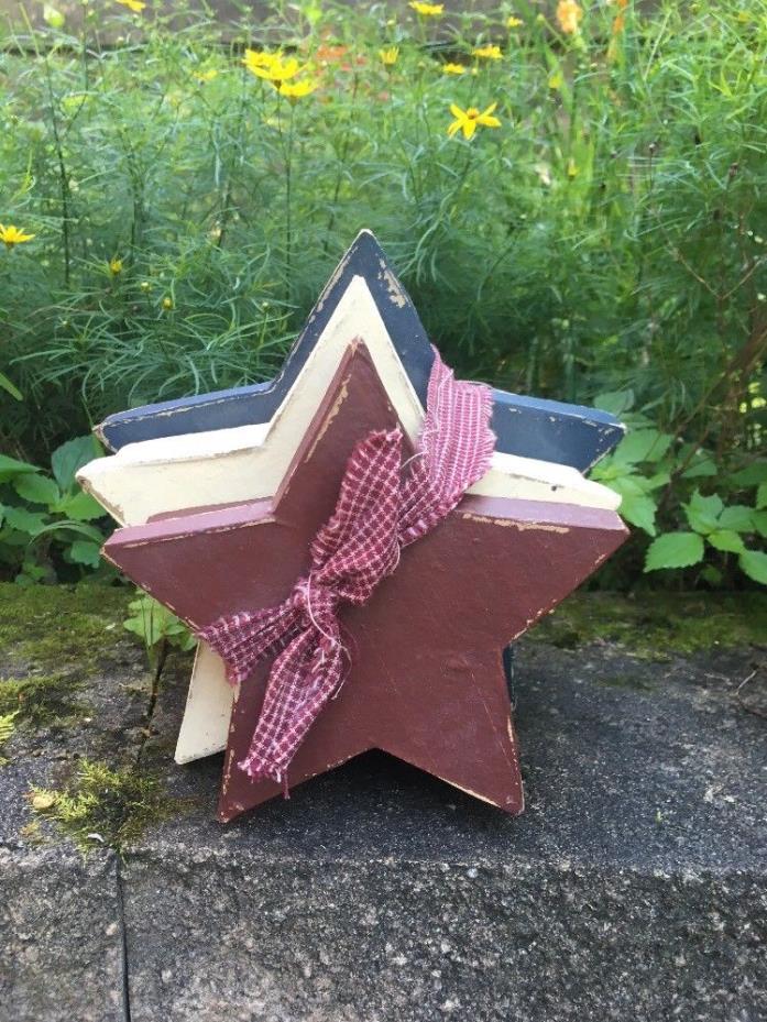 Vintage Rustic Primitive Red White & Blue Painted Star Nesting Decorative Boxes