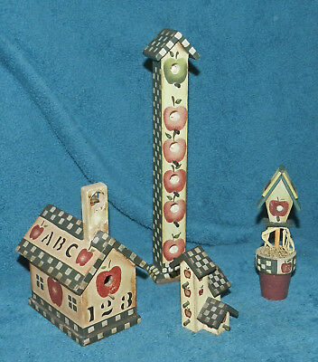 4 ADORABLE PAINTED/STENCILED WOOD APPLE THEMED MINI BIRDHOUSES!!