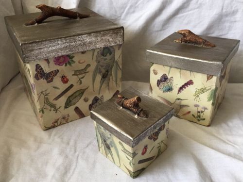 Nested Boxes Set 3 Keepsake Gift Storage Nesting Boxes Birds Flowers Tin Lids