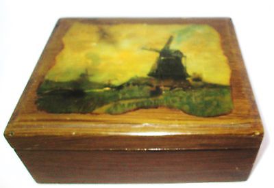 Vintage Green/Brown Wooden  Decoupage Box With Windmill Design 7X5.5X3