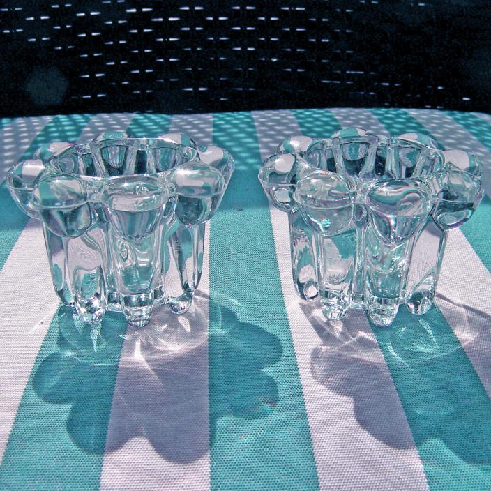 Set Of 2 Candlestick Holders Made In Indonesia Thick Clear Glass Unique 3