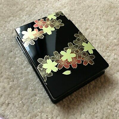 Japanese Black Plastic Lacquerware Style Note Trinket Box Hinged Mirrored Lid