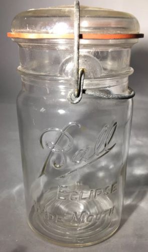 Old Embossed BALL Eclipse Wide Mouth Clear Mason Pint Jar w/ Wire Bail & Seal