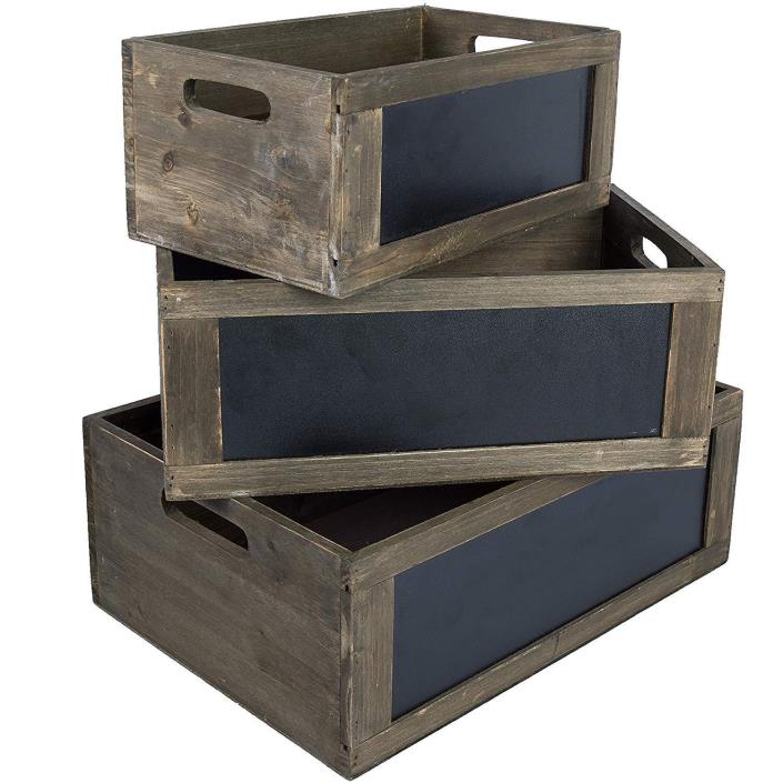 3pc Rustic Brown Wooden Nesting Storage Crates Chalkboard Front Panels farmhouse