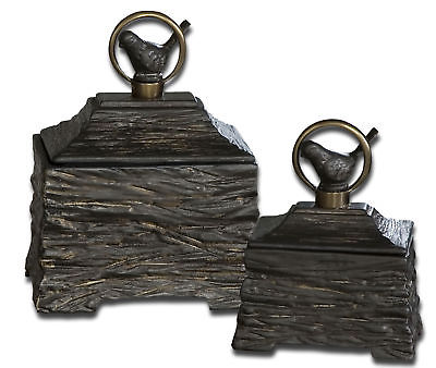 Metallic Gray Ceramic Display Boxes Set/2 Bird Accent