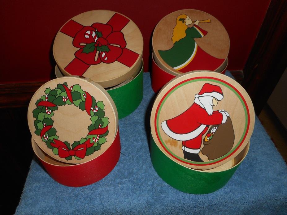 WOOD NESTING BOXES VINTAGE LILIAN VERNON HAND PAINTED ROUND CHRISTMAS BOX SET