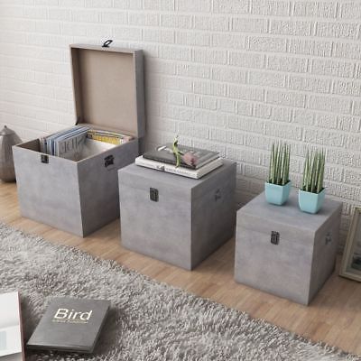 Gray Square Storage Box Concrete Gray Color 3 Pcs MDF Stylish Living Room Decor
