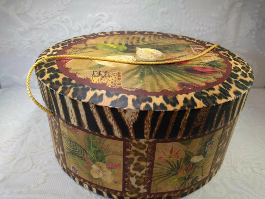 Large African, tropical, ethnic, style hat box for interior decorating, storage