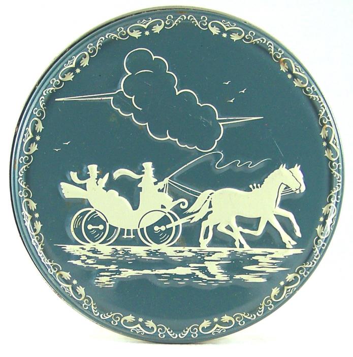 Shirley Jean Tin Fruit Cake Box Empty Container Xmas Blue & White Horse Carriage