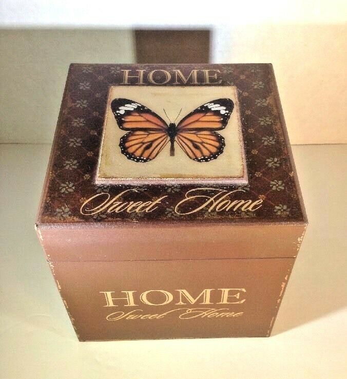 Butterfly Wood Box Home Sweet Home Storage Trinket Sewing Supplies Decorative