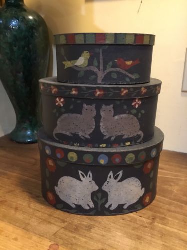 Hand Stenciled Vintage Look Folk Art Nesting Pantry Boxes ~ Set Of Three