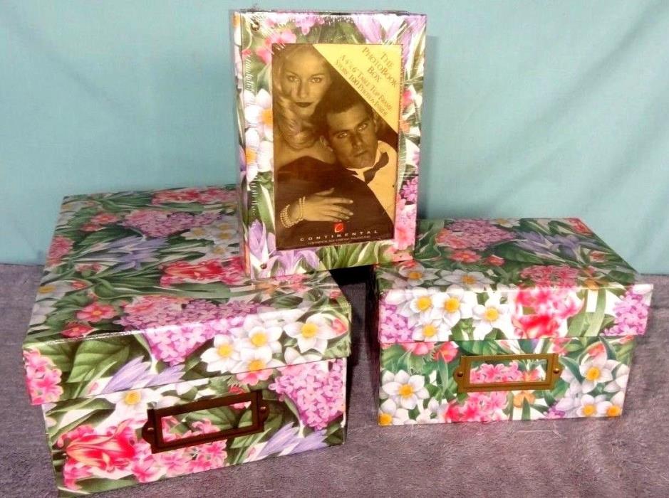 3 Hard Cardboard Decorative Photo Filing Storage Boxes w Lids NEW