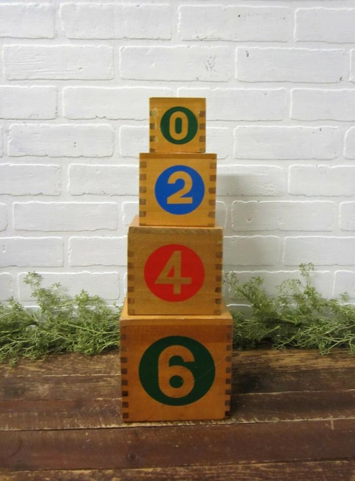 Vintage Wood Numbers Set Nesting Boxes Stackable Box Dovetail Japan
