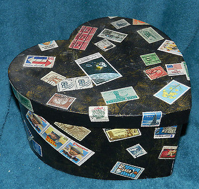 WONDERFUL DECORATIVE HAND CRAFTED HEART SHAPED BOX W/LID. PAINTED & HAS STAMPS