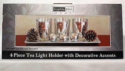 New 4 Piece Tea Light Candle Holder Christmas Home Decor Silver Pine Cones