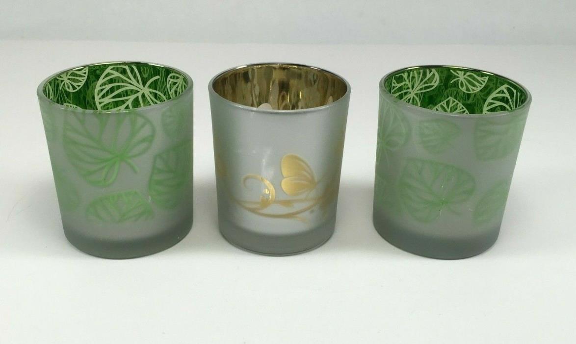 Frosted Mercury Glass Votive Tealight Holder Candle Cup Green Gold Silhouettes