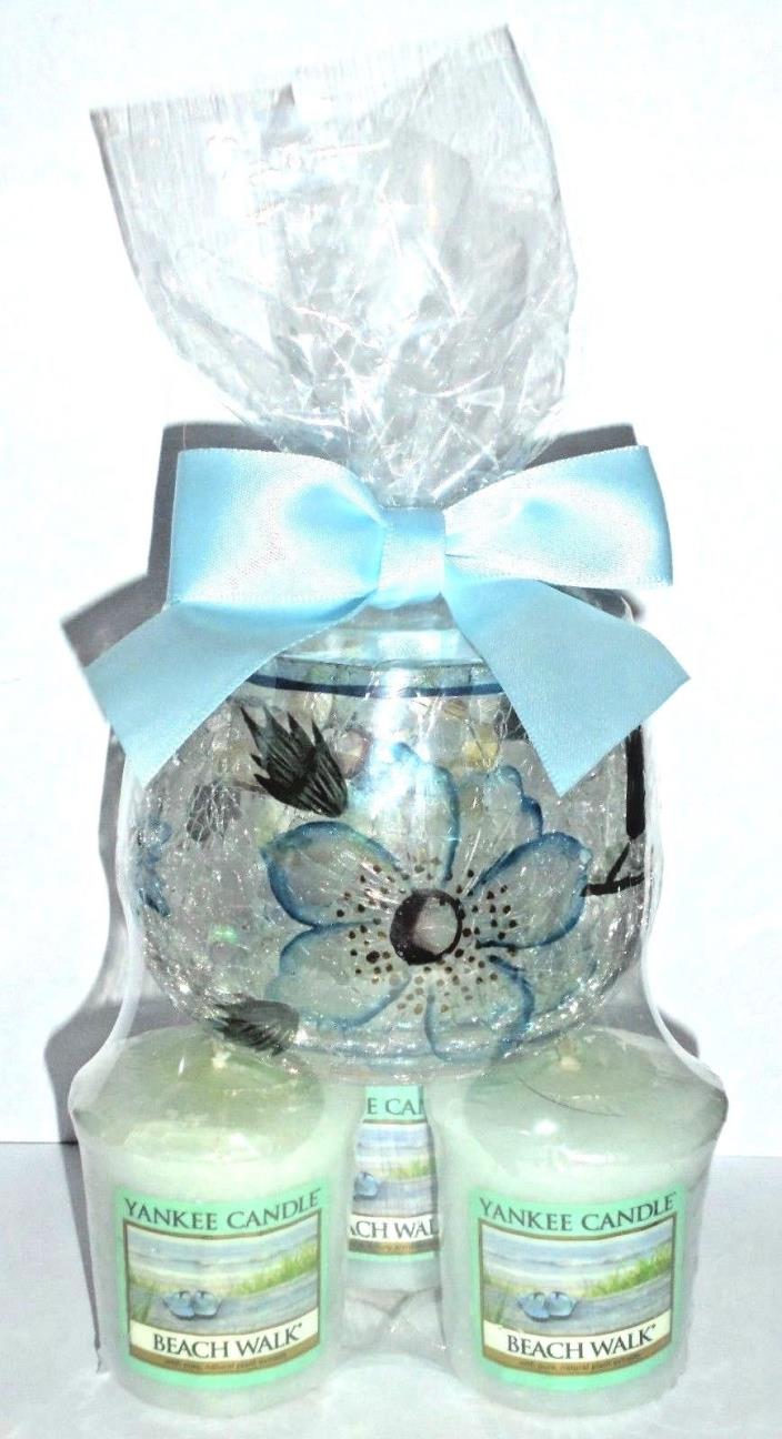 Yankee Candle BEACH WALK & Blue Floral Crackle Glass Gift Set ~  FREE SHIPPING