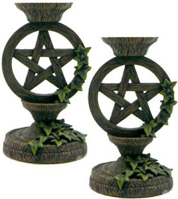 Pentacle Pentagram Taper Candle Stick Holder Ivy Woodgrain Resin Pumice 5.5