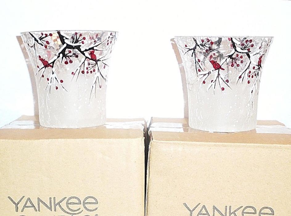 Yankee Candle 2x WINTER CARDINAL Frosted Crackle Glass Votive Holders~FREE SHIP