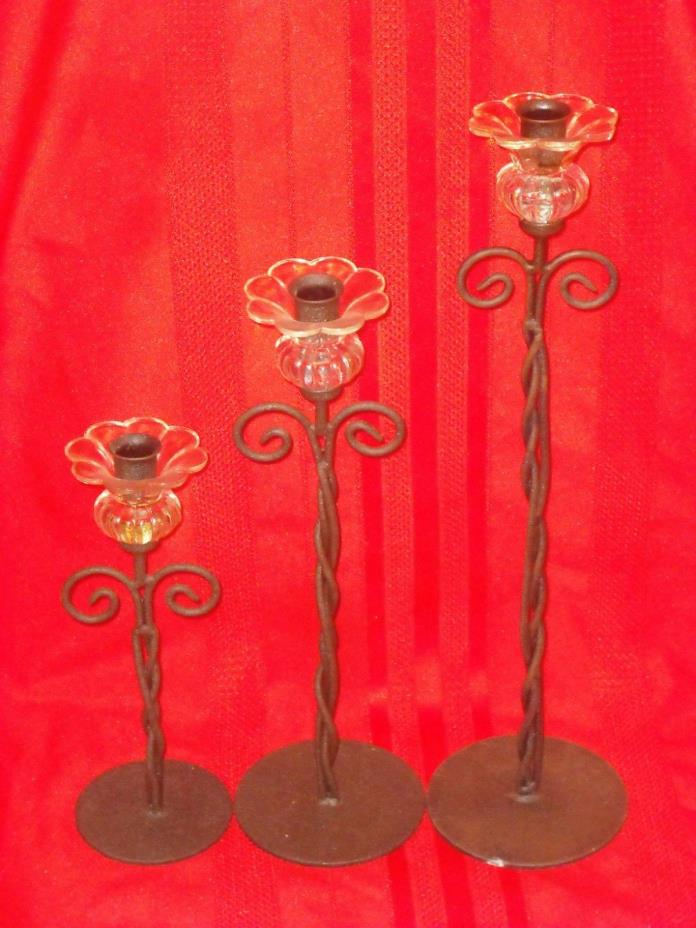 SET OF 3 METAL & GLASS CANDLE HOLDERS - 10 & 1/2