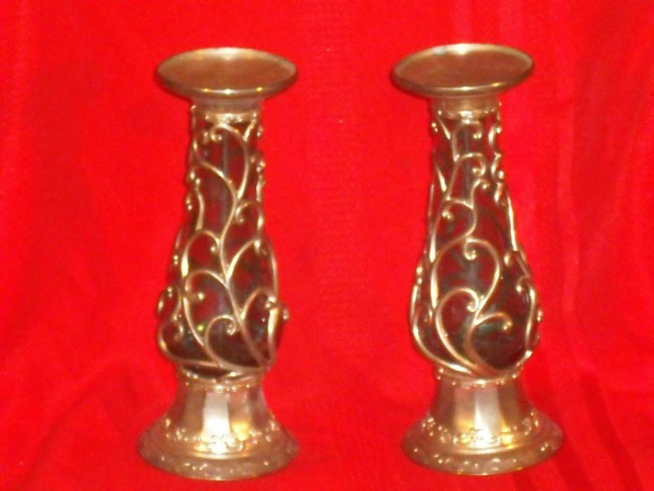 SET OF 2 GLASS & METAL CANDLE HOLDERS BLUE GLASS GOLD METAL COLORS 10