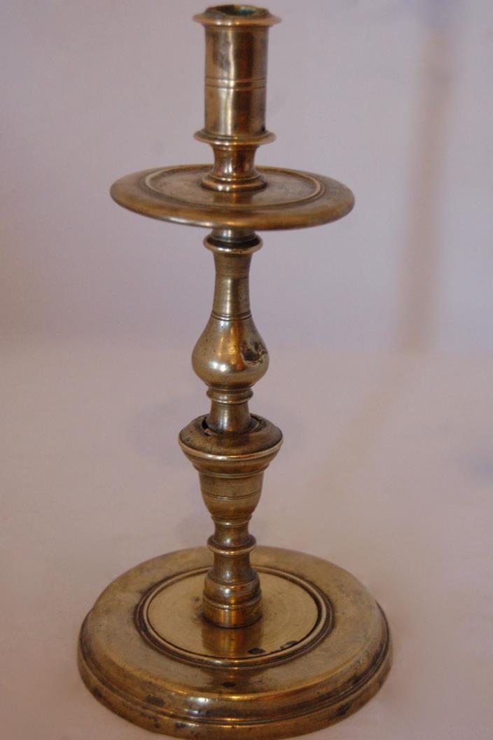 Spanish candlestick c. 1680 with high drip pan; separately cast components