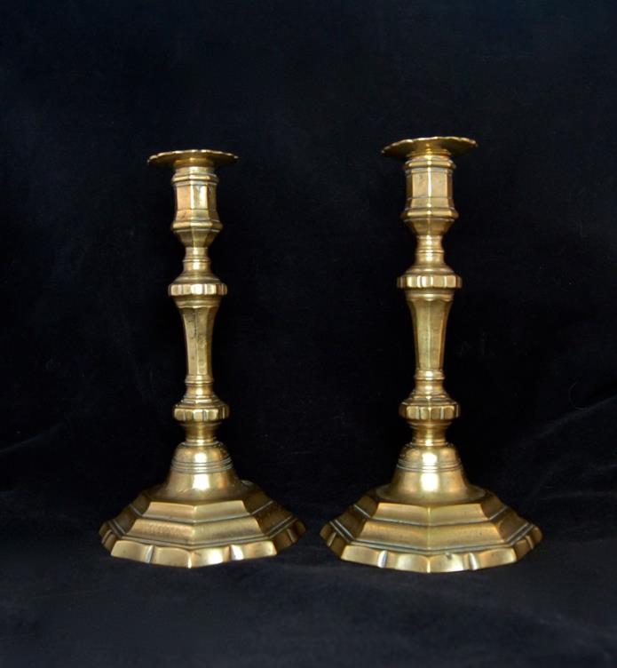 PAIR OF LOUIS XVTH BRASS CANDLESTICKS, CHASED, WITH REMOVABLE BOBECHES; FRENCH,