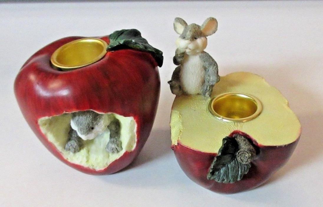 2 Mice Each Eating a Red Apple Candle Holder