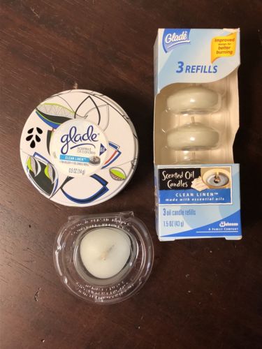 Glade Scented Oil Refillable Tin Candle Holder + 4 Count Refills Clean Linen NEW