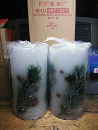 NEW TWO Pier 1 Red Berry 3x6 LED Flameless Pillar Candle SET! x2 Holiday Decor