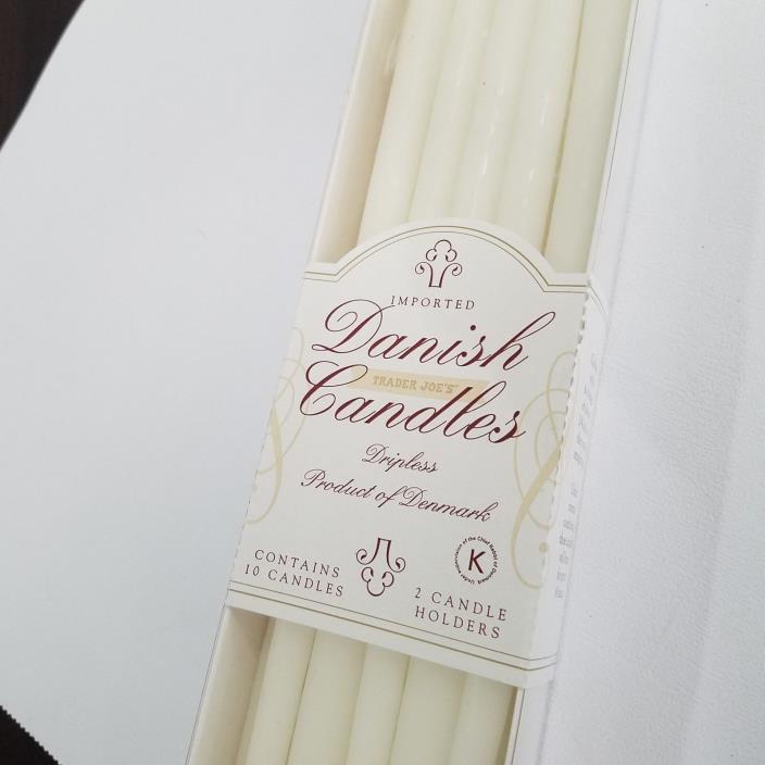 Trader Joes Imported Danish Dripless White Taper Candles & 2 Holders - Box of 10