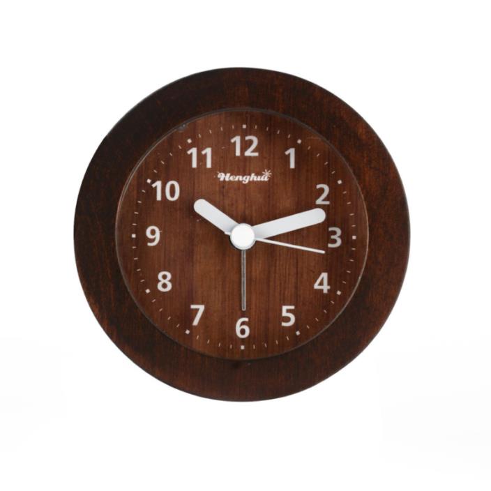 Henghui Solid Wood Circle Non Ticking Analog Quartz Alarm Clock with Nightlight,