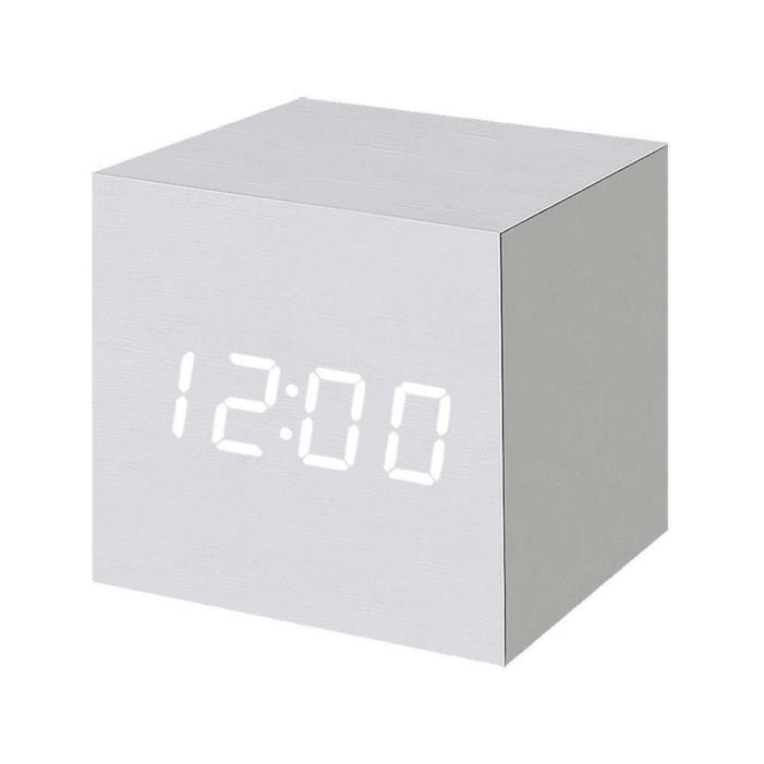 Wood Cube Desk Clock Date, Temp, Sound Control, 3 Alarms, Auto Off, 3 Brightness
