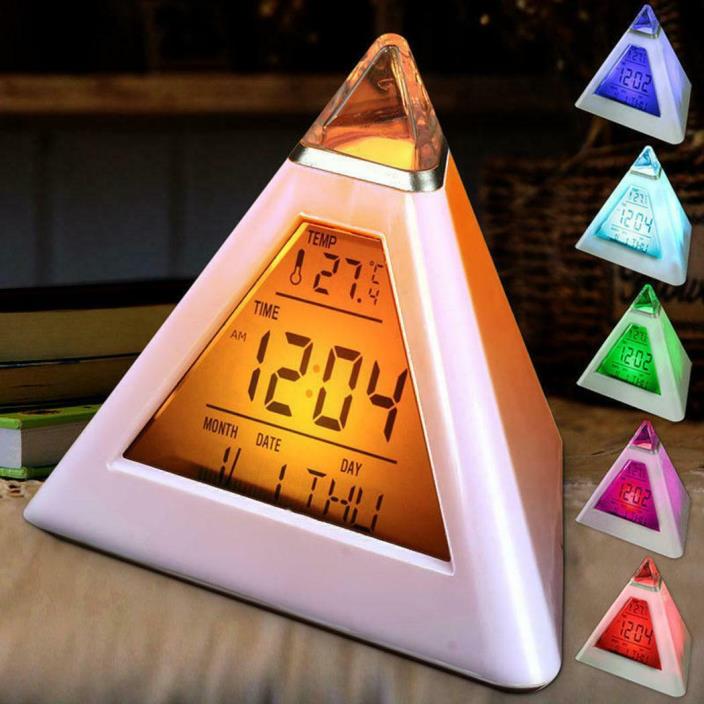 7 LED Color Changing Digital Pyramid Alarm Clock Thermometer Light Desk Bed ALYH
