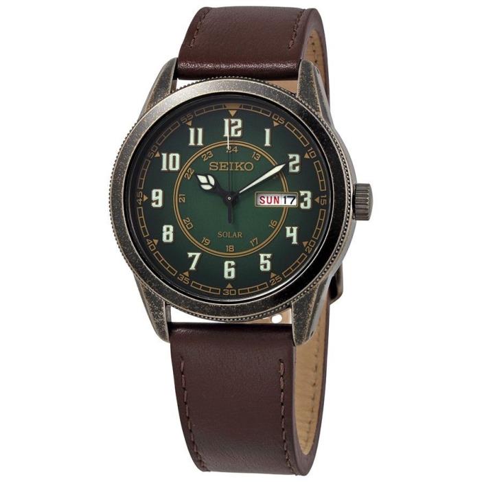 *BRAND NEW* Seiko Men's Brown Leather Strap Green Dial Steel Case Watch SNE448