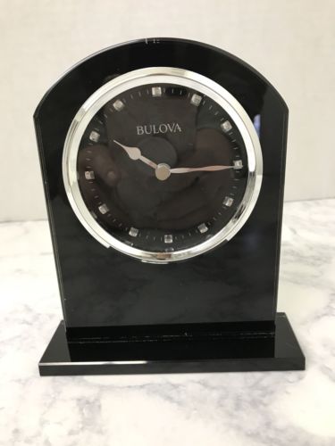 Bulova Black Glass Table Clock, Modern Tabletop Office Desk Mantle Decor