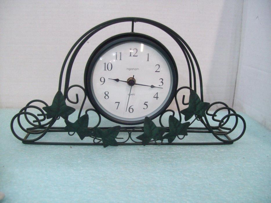 Ingraham Ouartz Mantle Clock Green Metal Frame Ivy Design  E9