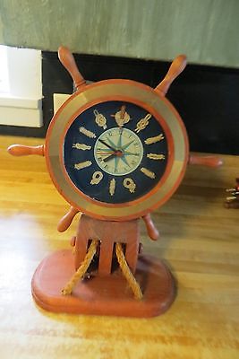 Wooden nautical ship wheel and pulley clock ship knotts display sailors boaters