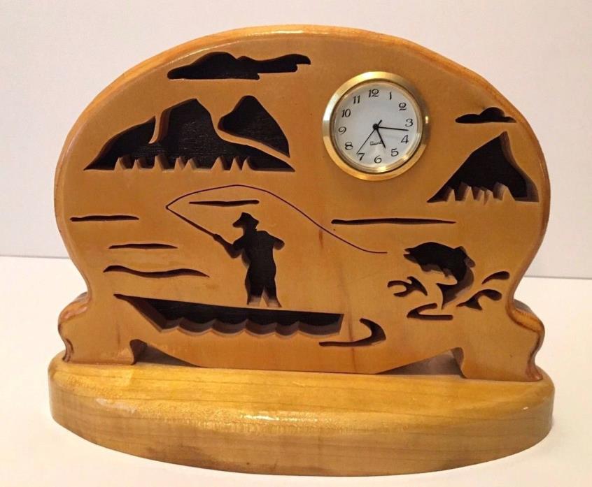 Wooden Handcrafted Fly Fishing Scene Mantle/Desktop Clock