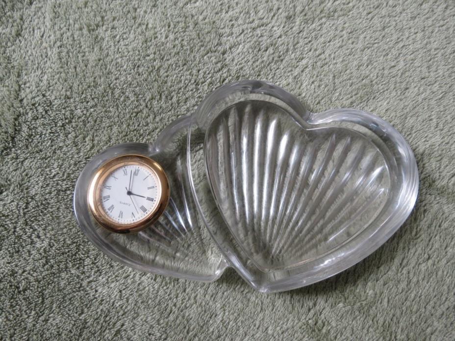 Waterford type heart shaped crystal catchall with small clock