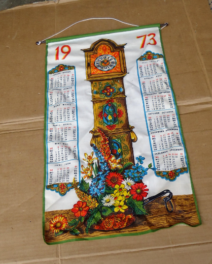grandfather clock vintage calendar advertising,70s fabric calendar,old timers