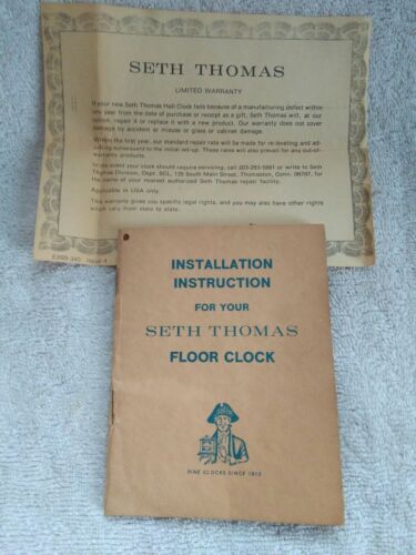 Vintage Seth Thomas  Grandfather Floor Clock owners manual w/ warranty paper