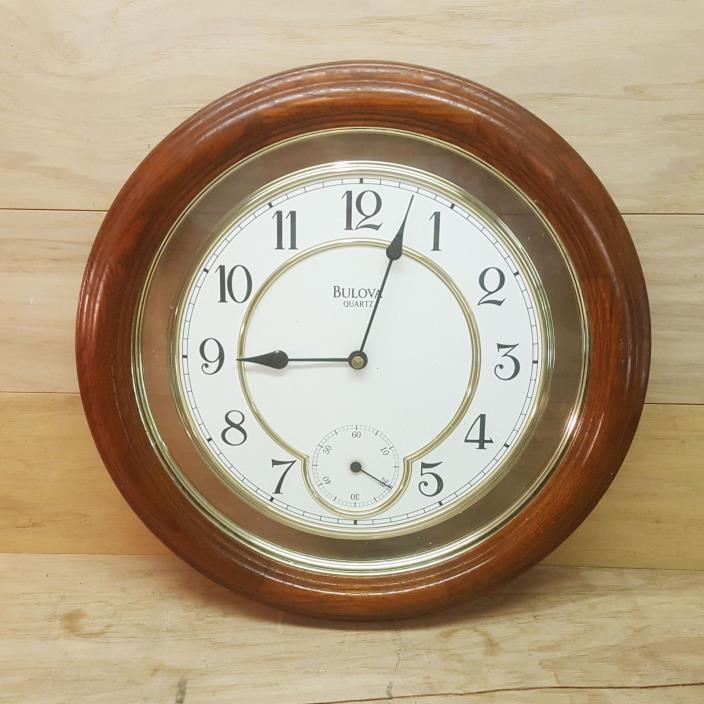Bulova C5596 14? Round Wall Clock Dard Oak Wood Clear W/Seconds Hand Dial
