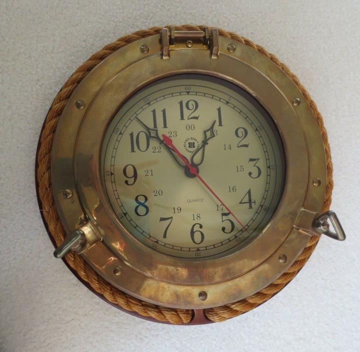 Bey-Berk Brass Porthole Clock & Wood Base & Rope for Cottage or Nautical Decor