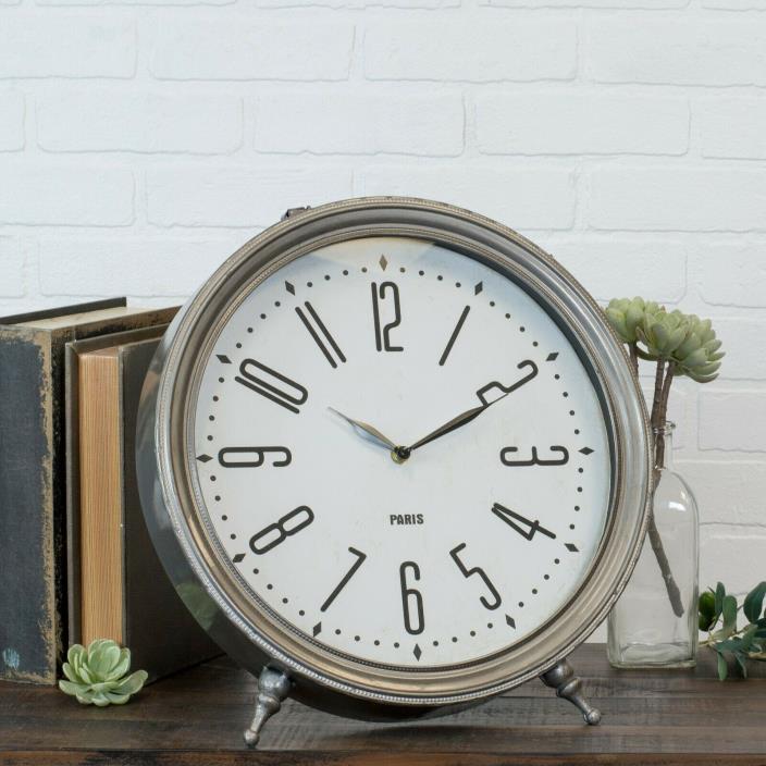 Round Retro Style Table Clock with Glass Enclosed Face Free Standing Metal Clock