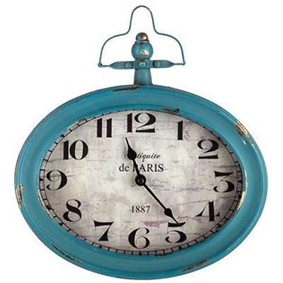 Large Antique Teal Oval Metal Wall Clock with Top Handle.Functional accent Decor