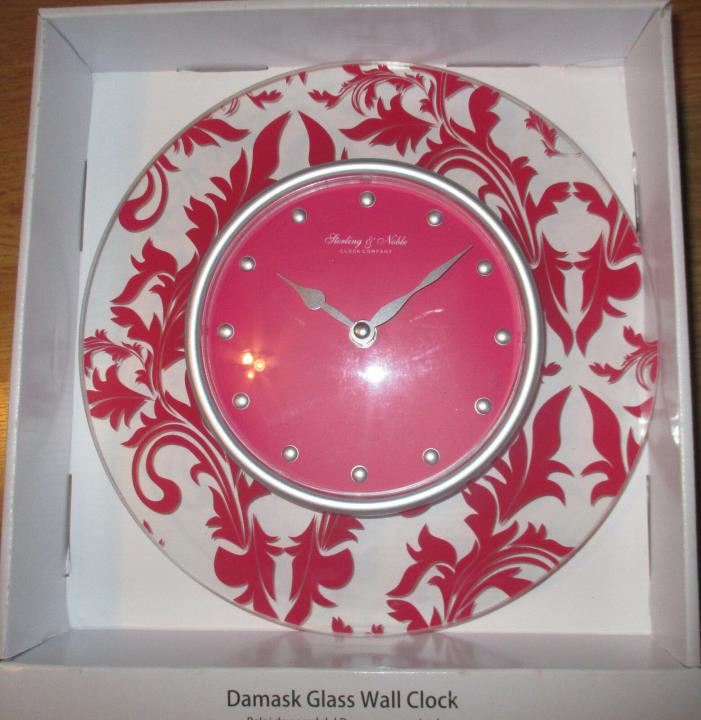 NIB Sterling & Noble Damask glass Quartz wall clock pink leaves pattern uses 1AA