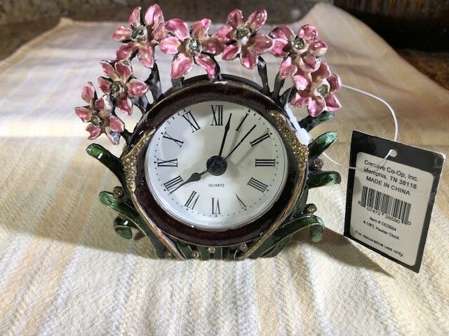 Creative Co-op Pewter Table Clock 4.25 inches AAA Battery Pink Flowers (3)