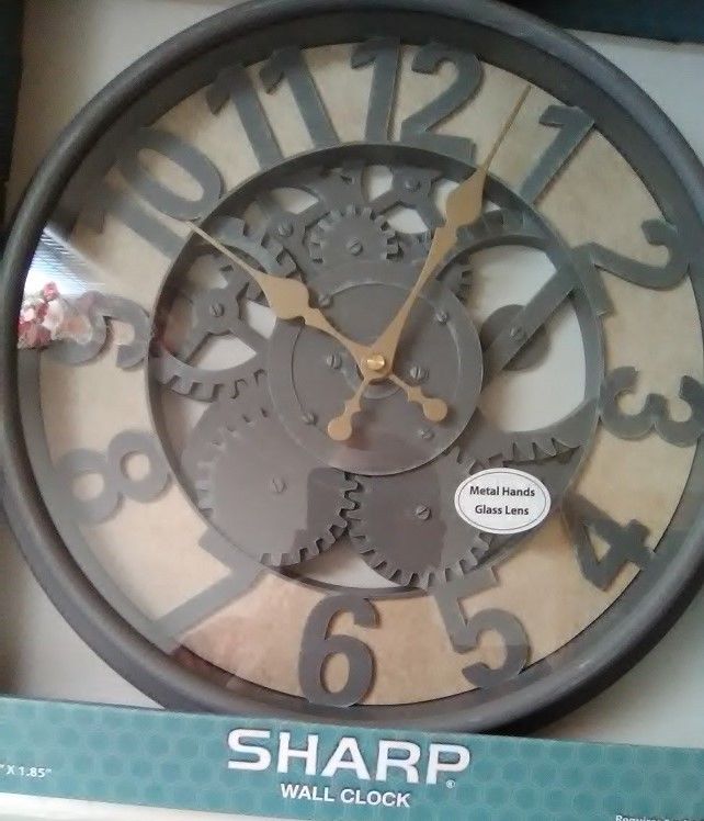 Sharp  Wall Clock Metal Hands Glass Lens Gray & Tan Gear Design